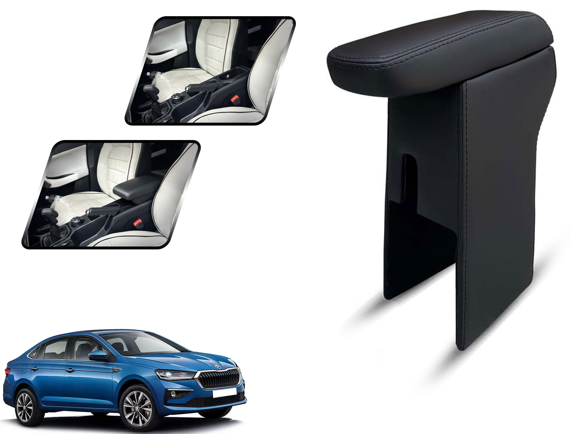 Auto Pearl Premium Car Armrest with Storage Box, High-Density Foam, Nappa Leatherette Black with double Stitching, No Obstruction to Rear Window Buttons, for Slavia 2022-2025