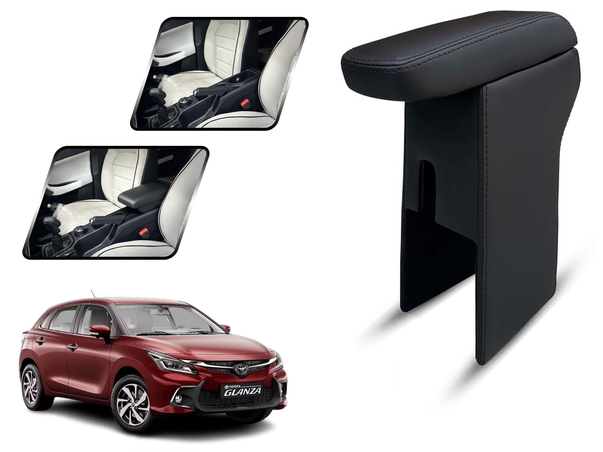 Auto Pearl Premium Car Armrest with Storage Box, High-Density Foam, Nappa Leatherette Black with double Stitching, No Obstruction to Rear Window Buttons, for Glanza