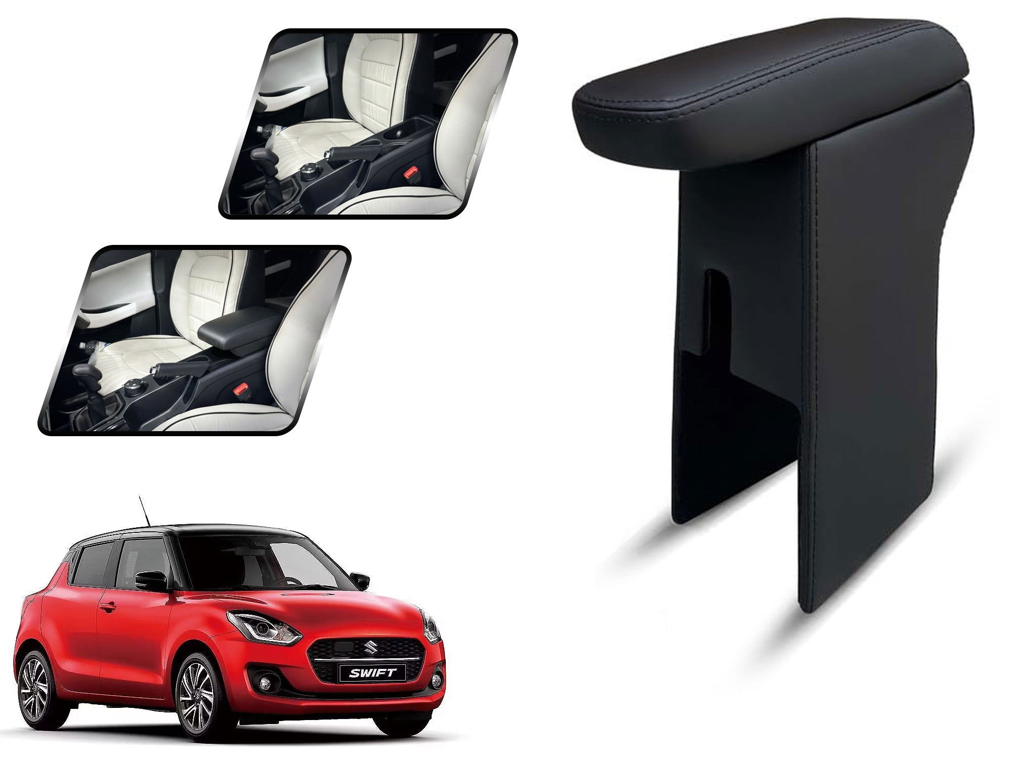 Auto Pearl Premium Car Armrest with Storage Box, High-Density Foam, Nappa Leatherette Black with double Stitching, No Obstruction to Rear Window Buttons, for Swift-2024-(VXI-VDI-ZXI-ZDI)