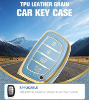 TPU Leather Grain Car Key Case Compitable with Creta | i20 (2021) | Venue | Elantra | Tuscon |4 Button Remote Key (Blue)