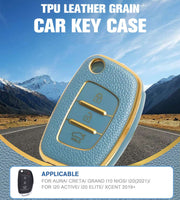 TPU Leather Grain Car Key Case Compitable with Aura | Creta | Grand i10 NIOS | i20 (2021) | i20 Active | i20 Elite | Xcent 2019 |3 Button Remote Key (Blue)