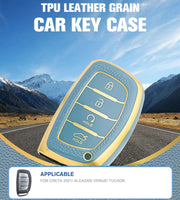 TPU Leather Grain Car Key Case Compatible with Creta 2021 | Alcazar | Venue | Tuscon |4 Button Remote Key (Blue)