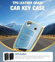 TPU Leather Grain Car Key Case Compitable with Jeeta | Slavia | Kushaq | Passat | Octavia | Surperb | Tiagun | Virtus |3 Button Remote Key (Blue)