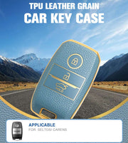 TPU Leather Grain Car Key Case Compitable with Seltos | Carens |3 Button Remote Key (Blue)