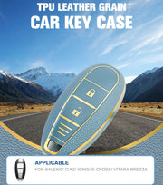 TPU Leather Grain Car Key Case Compitable with Baleno | Ciaz | Ignis | S-Cross | Vitara Brezza |2 Button Remote Key (Blue)