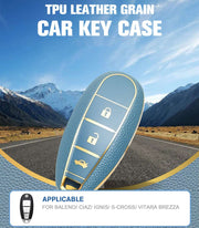 TPU Leather Grain Car Key Case Compitable with Baleno | Ciaz | Ignis | S-Cross | Vitara Brezza |3 Button Remote Key (Blue)