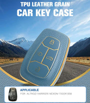 TPU Leather Grain Car Key Case Compitable with Altroz | Harrier | Nexon | Tigor BS6 |4 Button Remote Key (Blue)