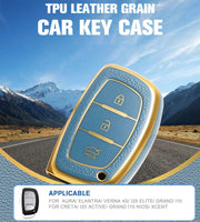TPU Leather Grain Car Key Case Compitable with Aura | Elantra | Verna 4S | i20 Elite | Grand i10 | Creta | i20 Active | Grand i10 NIOS | Xcent |3 Button Remote Key (Blue)
