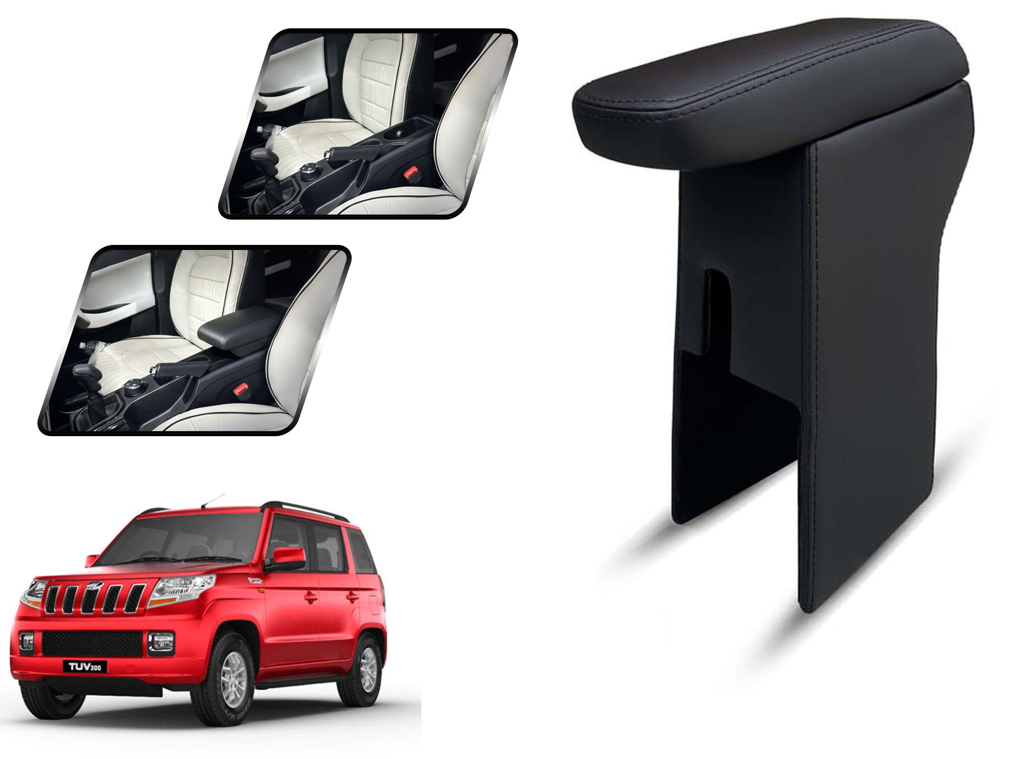 Auto Pearl Premium Car Armrest with Storage Box, High-Density Foam, Nappa Leatherette Black with double Stitching, No Obstruction to Rear Window Buttons, for TUV 300