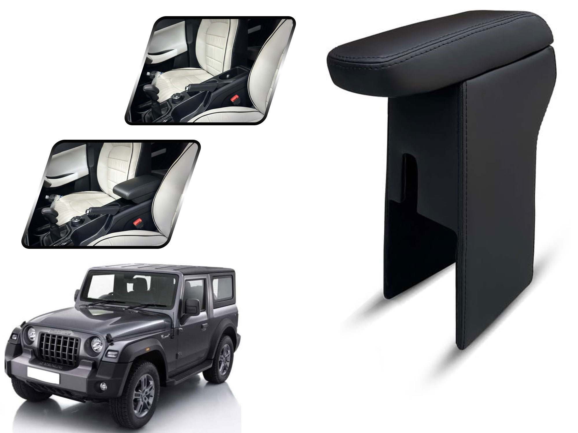 Auto Pearl Premium Car Armrest with Storage Box, High-Density Foam, Nappa Leatherette Black with double Stitching, No Obstruction to Rear Window Buttons, for Thar 2020-2024