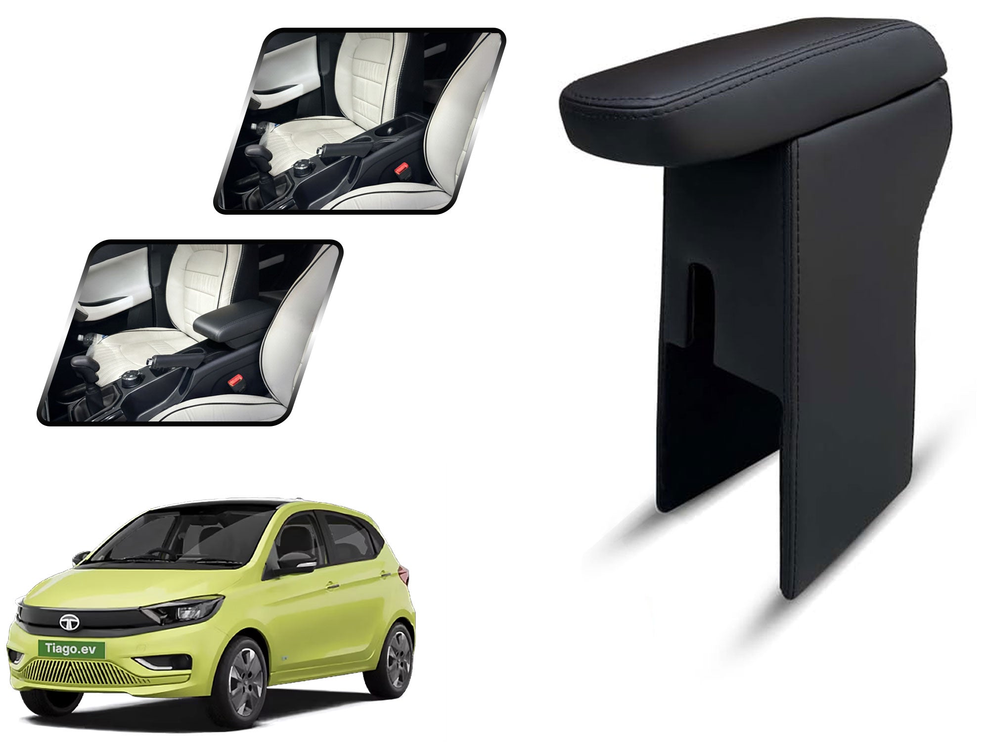 Auto Pearl Premium Car Armrest with Storage Box, High-Density Foam, Nappa Leatherette Black with double Stitching, No Obstruction to Rear Window Buttons, for Tiago-EV-2024