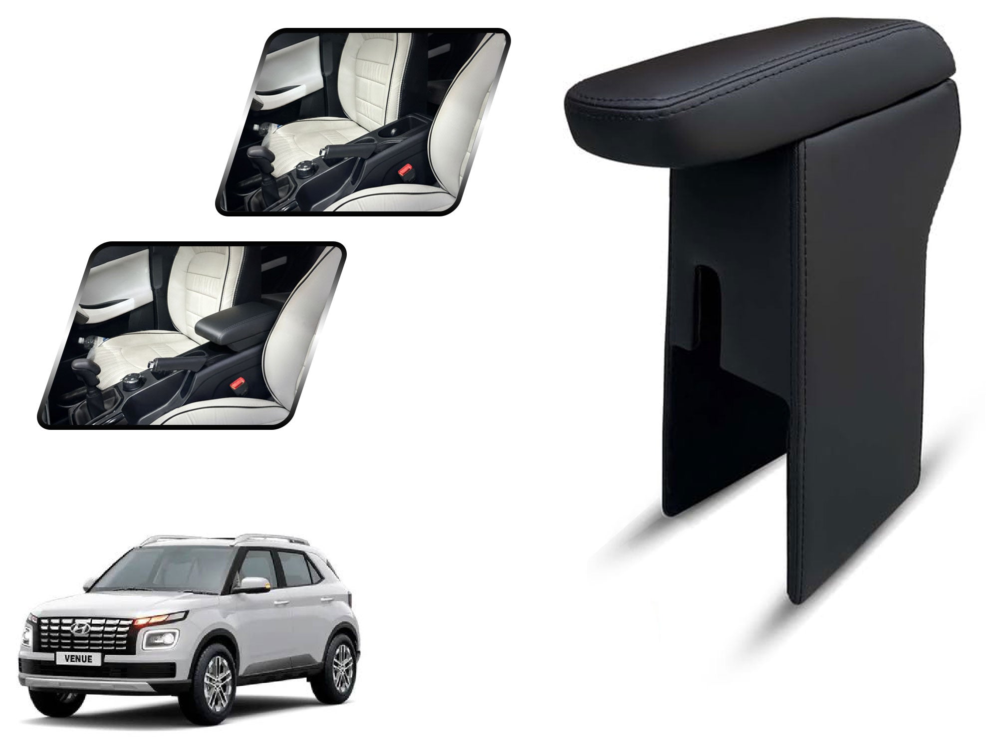 Auto Pearl Premium Car Armrest with Storage Box, High-Density Foam, Nappa Leatherette Black with double Stitching, No Obstruction to Rear Window Buttons, for Venue-2019-2024