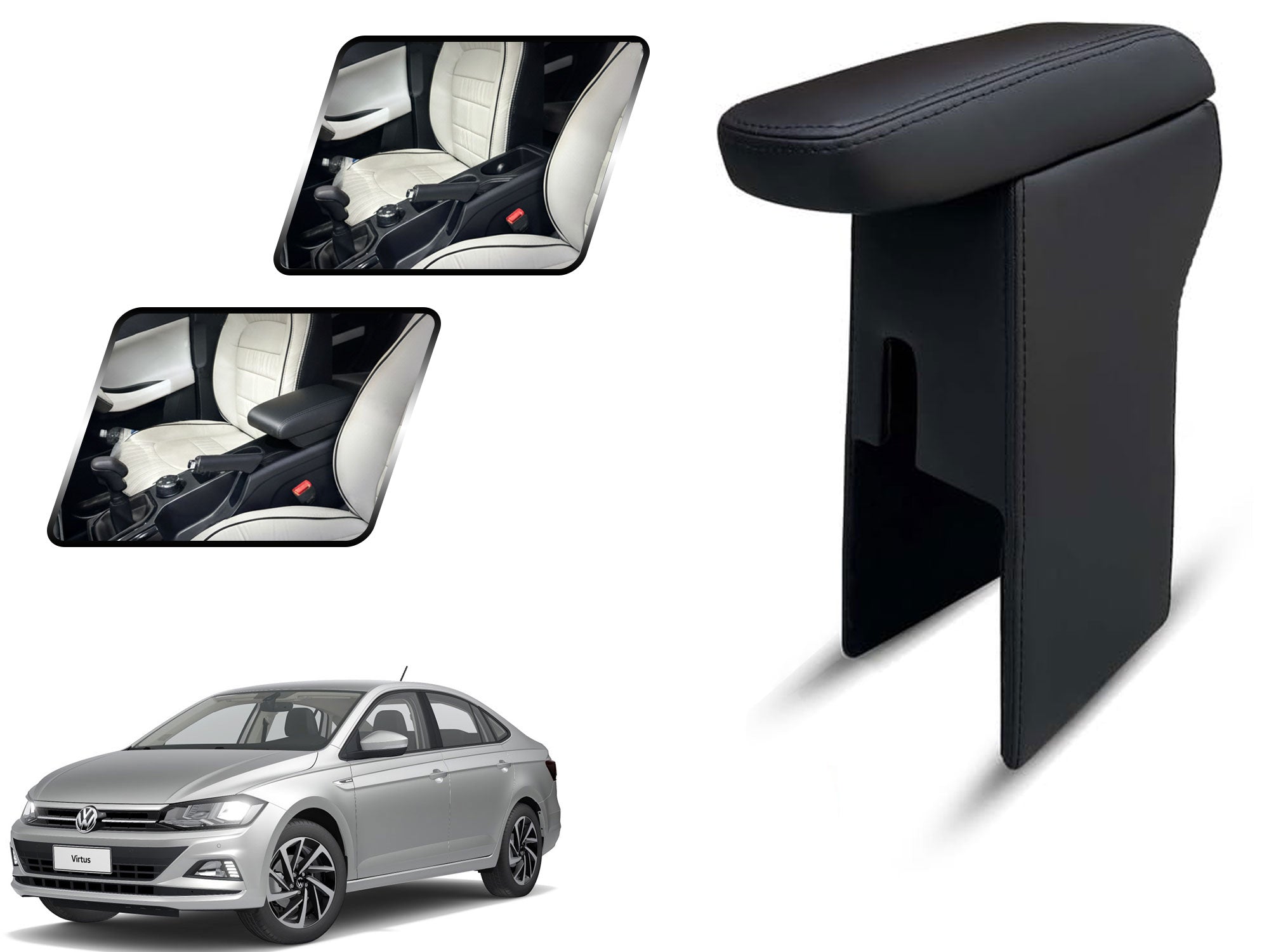 Auto Pearl Premium Car Armrest with Storage Box, High-Density Foam, Nappa Leatherette Black with double Stitching, No Obstruction to Rear Window Buttons, for Virtus-2022-2025