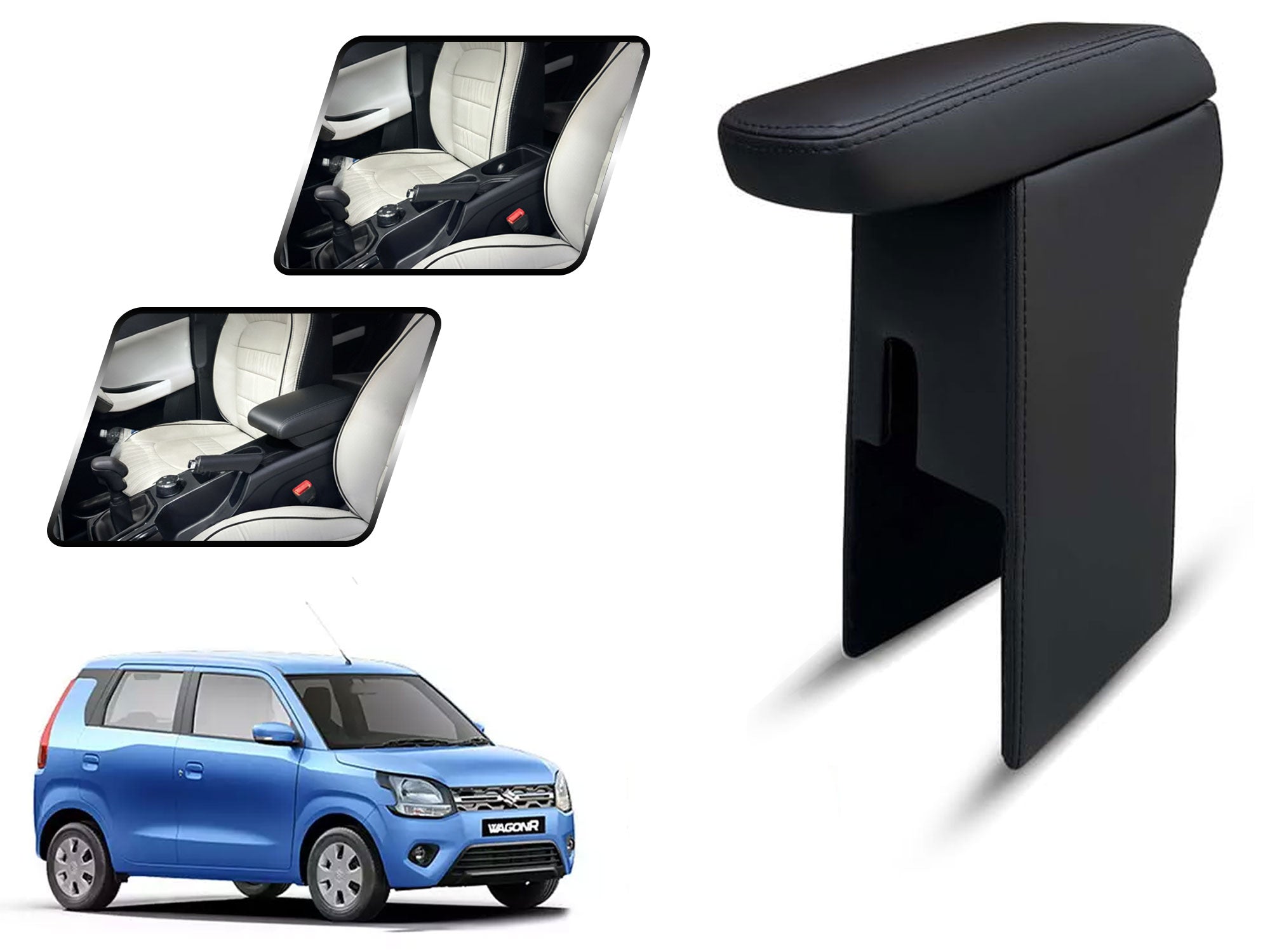 Auto Pearl Premium Car Armrest with Storage Box, High-Density Foam, Nappa Leatherette Black with double Stitching, No Obstruction to Rear Window Buttons, for WagonR (2019-2020)