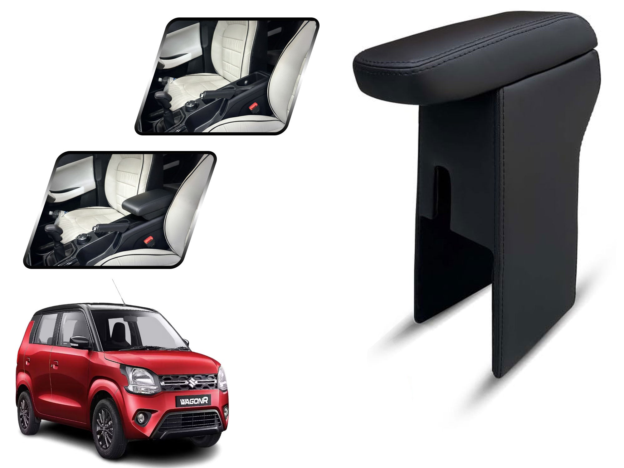 Auto Pearl Premium Car Armrest with Storage Box, High-Density Foam, Nappa Leatherette Black with double Stitching, No Obstruction to Rear Window Buttons, for WagonR (2021-2024)