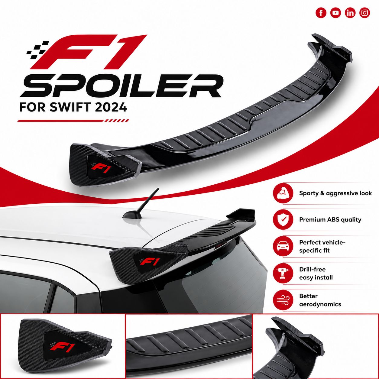 Auto Pearl F1 Spoiler for Maruti Suzuki Swift 2024 | Clamp Fitting | No Drill