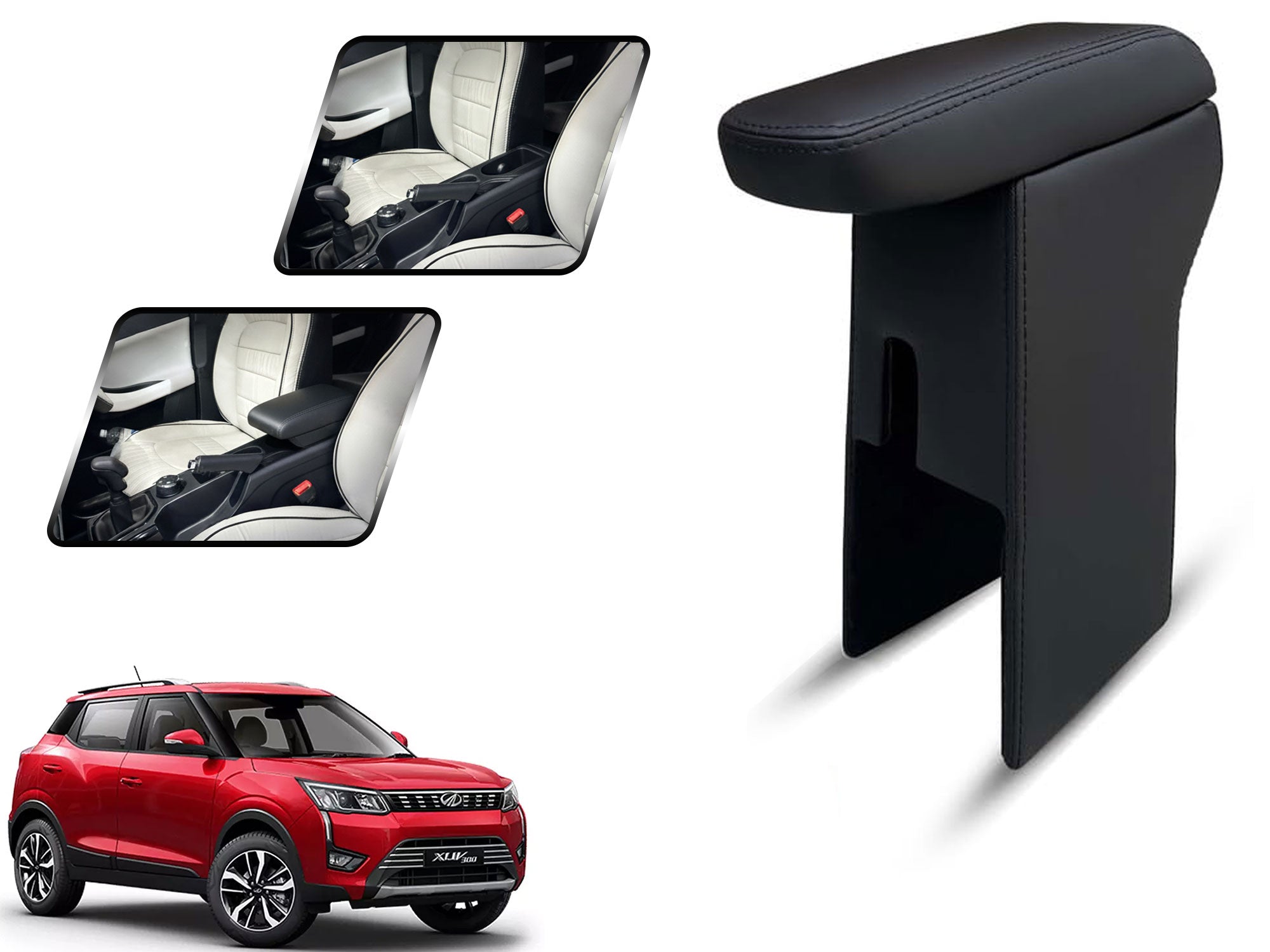 Auto Pearl Premium Car Armrest with Storage Box, High-Density Foam, Nappa Leatherette Black with double Stitching, No Obstruction to Rear Window Buttons, for XUV 300