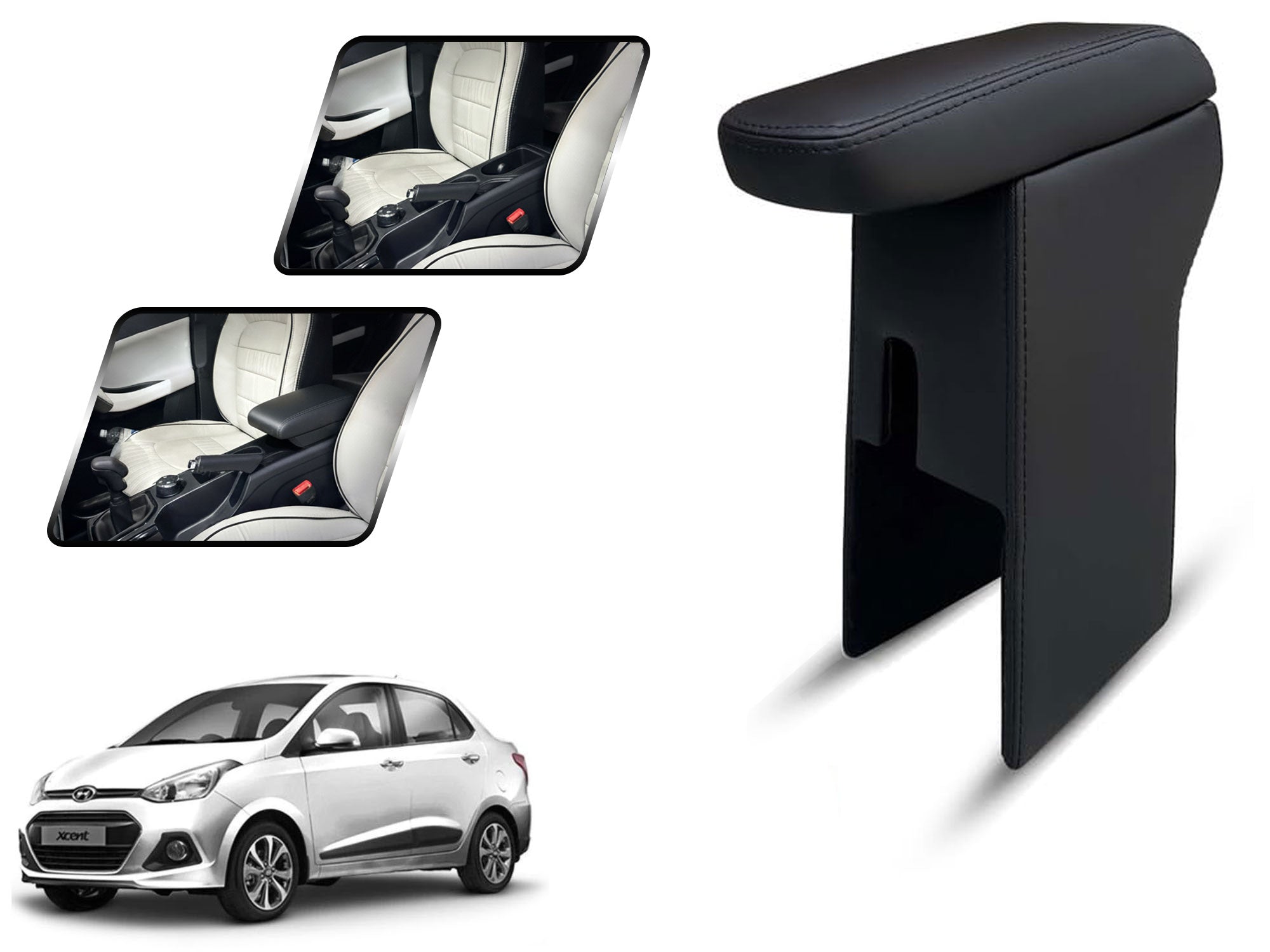 Auto Pearl Premium Car Armrest with Storage Box, High-Density Foam, Nappa Leatherette Black with double Stitching, No Obstruction to Rear Window Buttons, for Xcent 2016