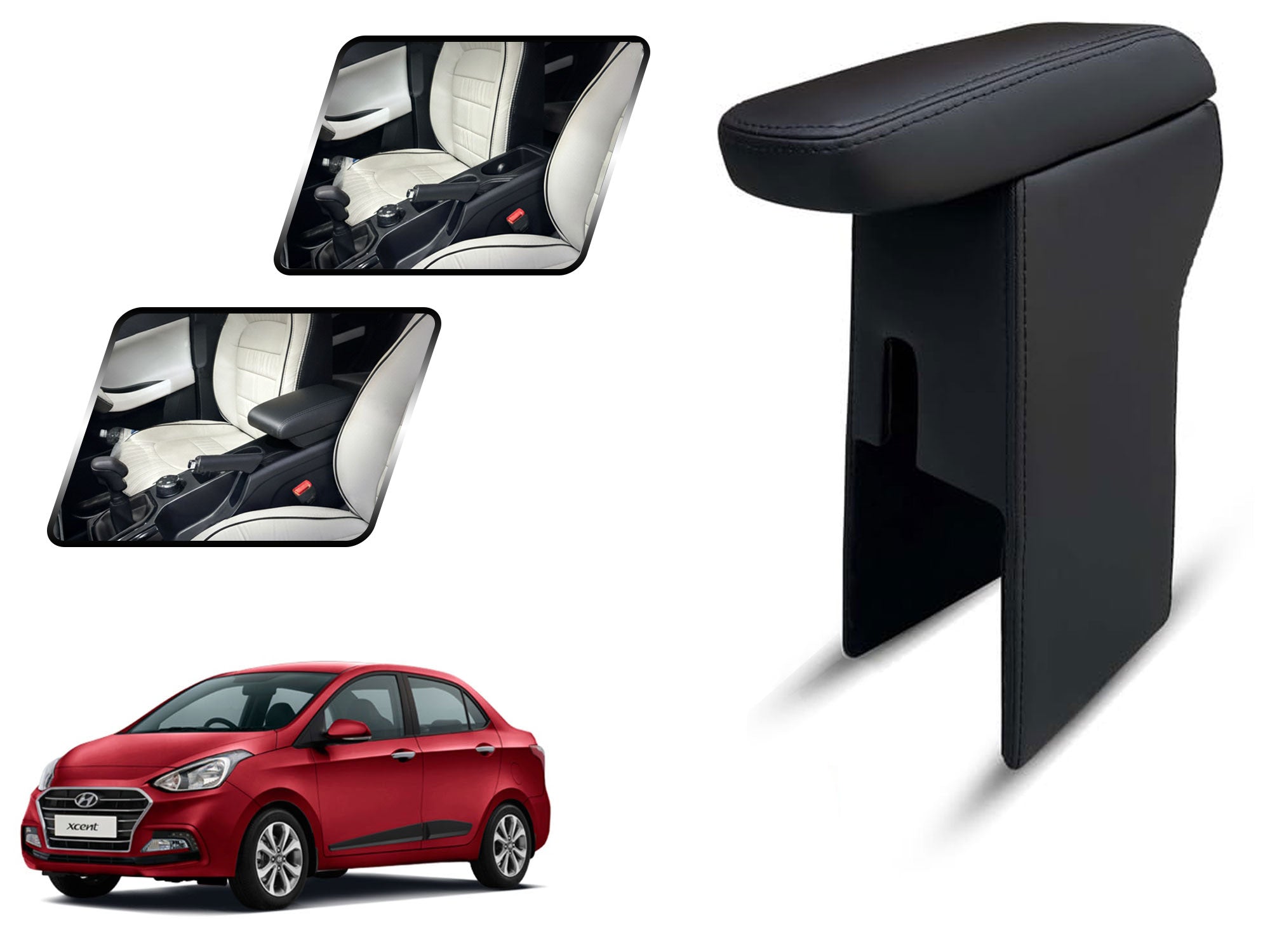Auto Pearl Premium Car Armrest with Storage Box, High-Density Foam, Nappa Leatherette Black with double Stitching, No Obstruction to Rear Window Buttons, for Xcent 2018