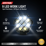 Auto Pearl 9 LED Work Light with Protective Grill, 12V-80V DC Auxiliary Driving Light, Spot Flood Beam Off Road Lamp compatible with All Bike and Car