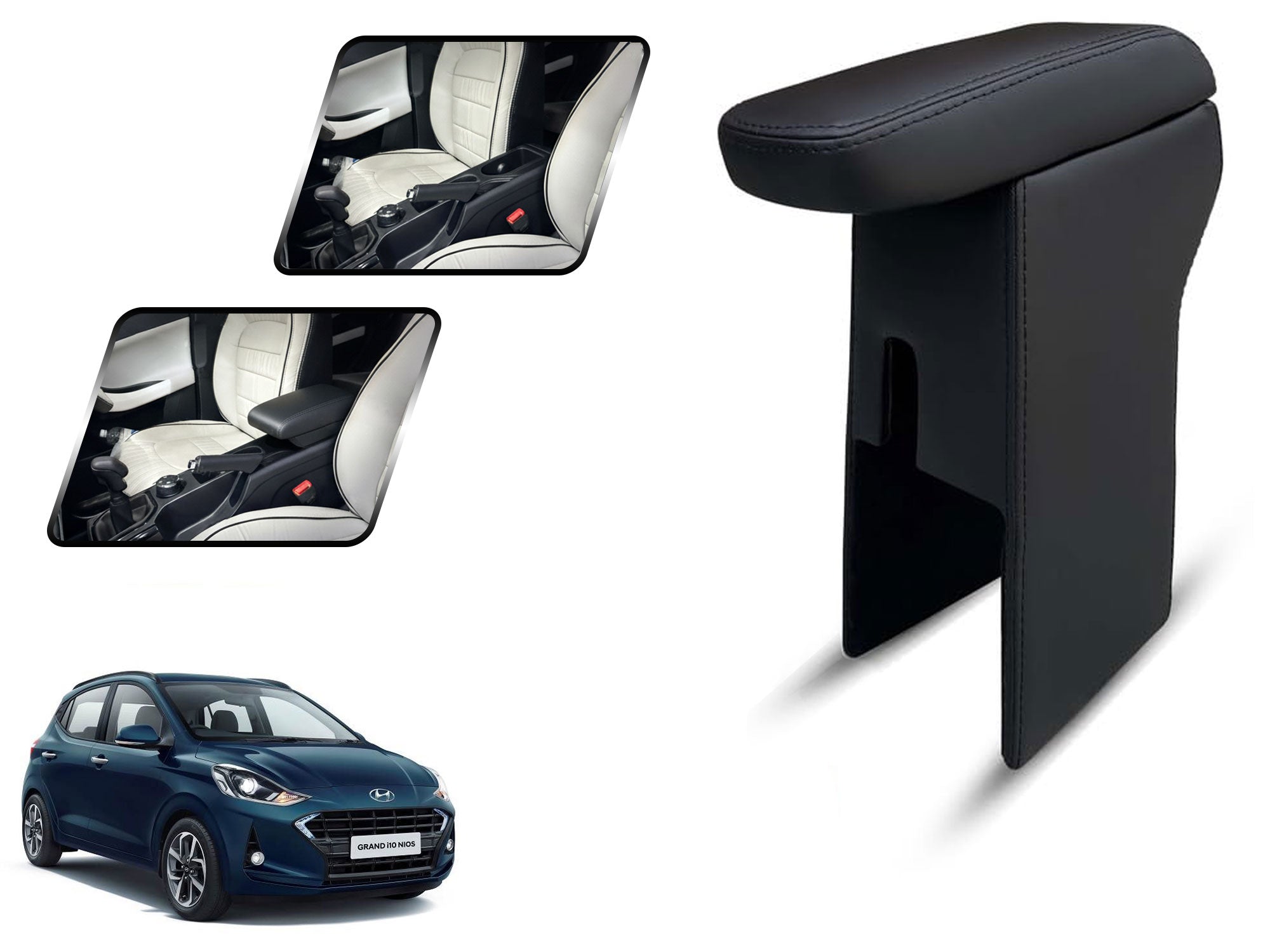 Auto Pearl Premium Car Armrest with Storage Box, High-Density Foam, Nappa Leatherette Black with double Stitching, No Obstruction to Rear Window Buttons, for i10 Grand Nios 2020 Model
