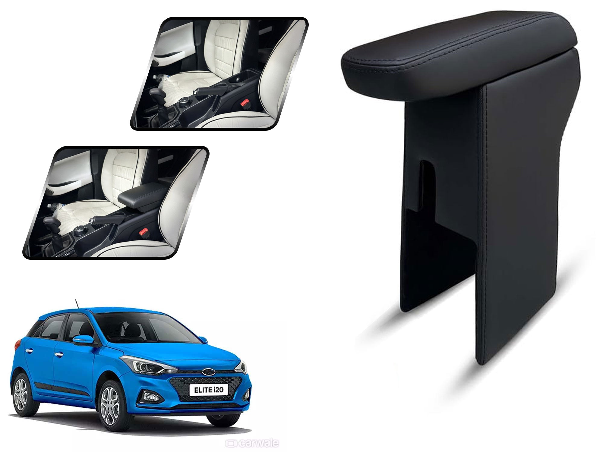 Auto Pearl Premium Car Armrest with Storage Box, High-Density Foam, Nappa Leatherette Black with double Stitching, No Obstruction to Rear Window Buttons, for i20 Elite 2018