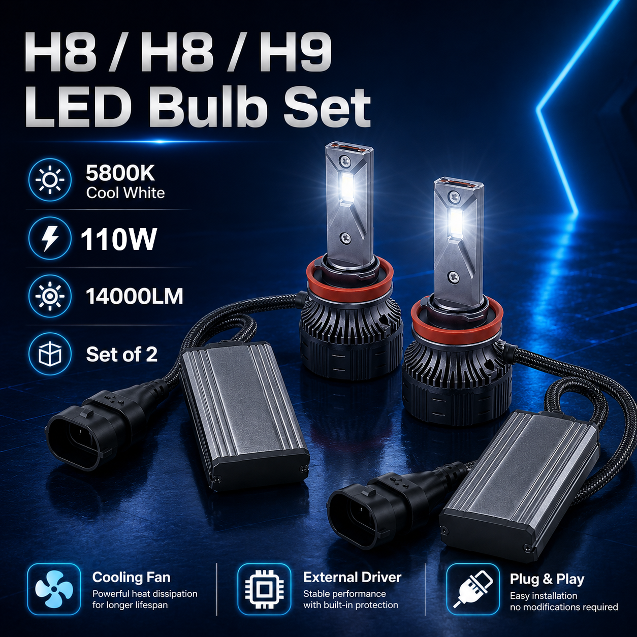 Auto Pearl 2-Side H8/H9 LED Bulb Car 110W-12V 12000LM 6000K Ultra White light (Headlight Bulb) compatible with All Car (Pack of 2)